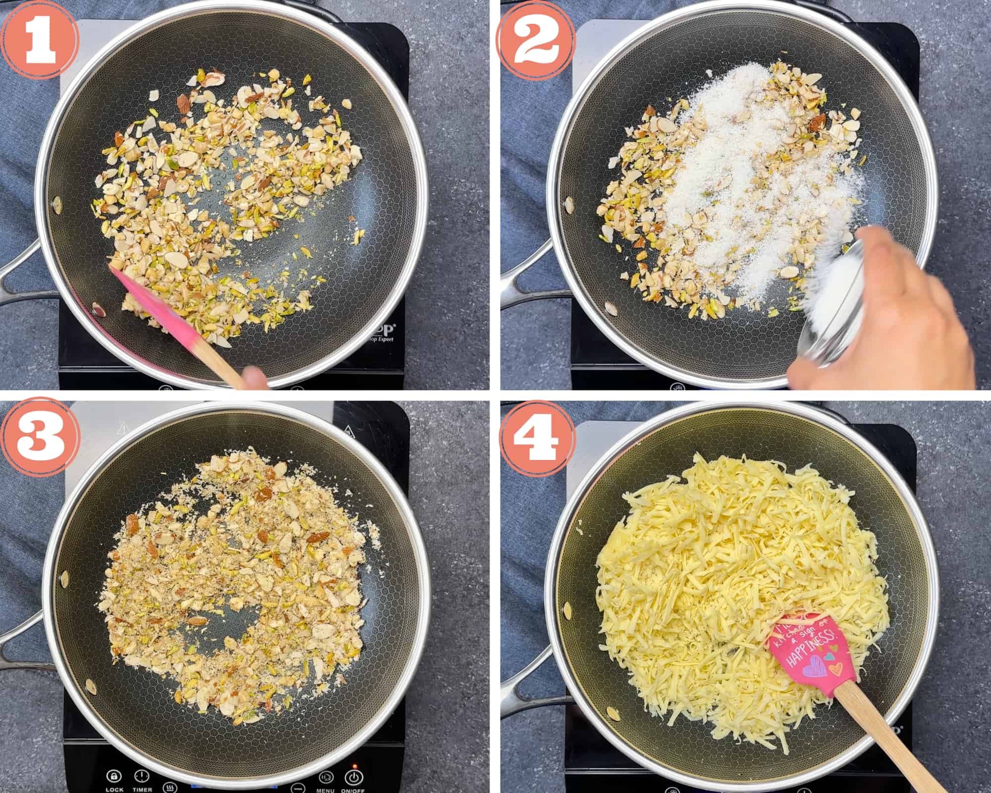 4-step images showing how to saute nuts, coconut, and mawa for making gujiya filling