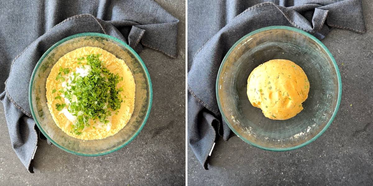 left image: cornmeal, daikon, greens in a glass bowl; right image: dough for makki ki roti