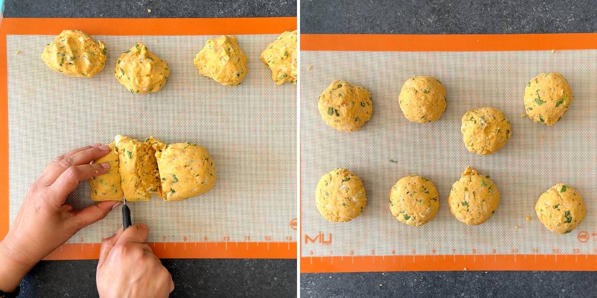 left image: dividing the dough with a knife; right image: 8 dough balls on silicone mat