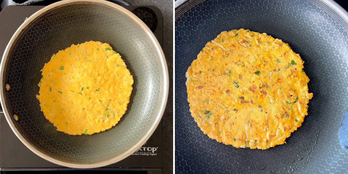 2 images showing cooking and browning makki ki roti in a skillet