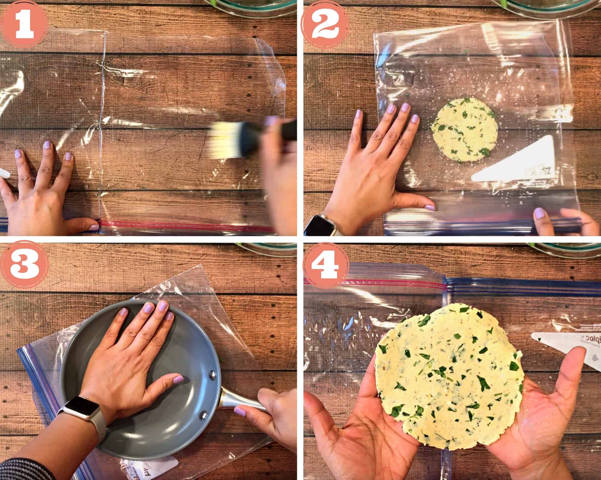 4-step image grid showing brushing cut-up ziplock bag with water, placing the dough, then pressing with skillet to make roti