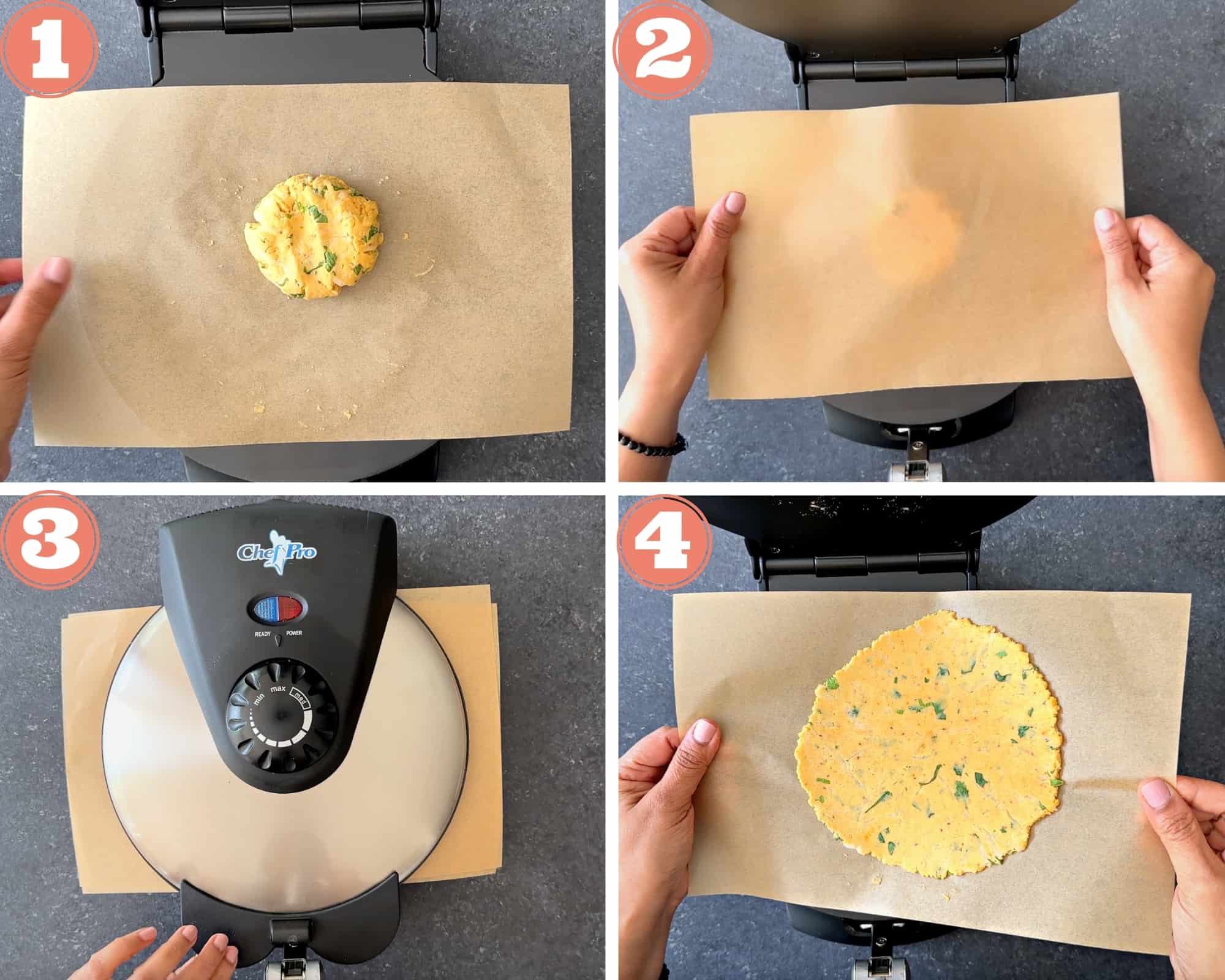 4-step image grid showing placing the dough disc in the tortilla press, covering with parchment, then pressing to make the roti
