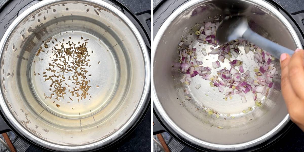 two images showing sauteing cumin seeds and onions in the instant pot