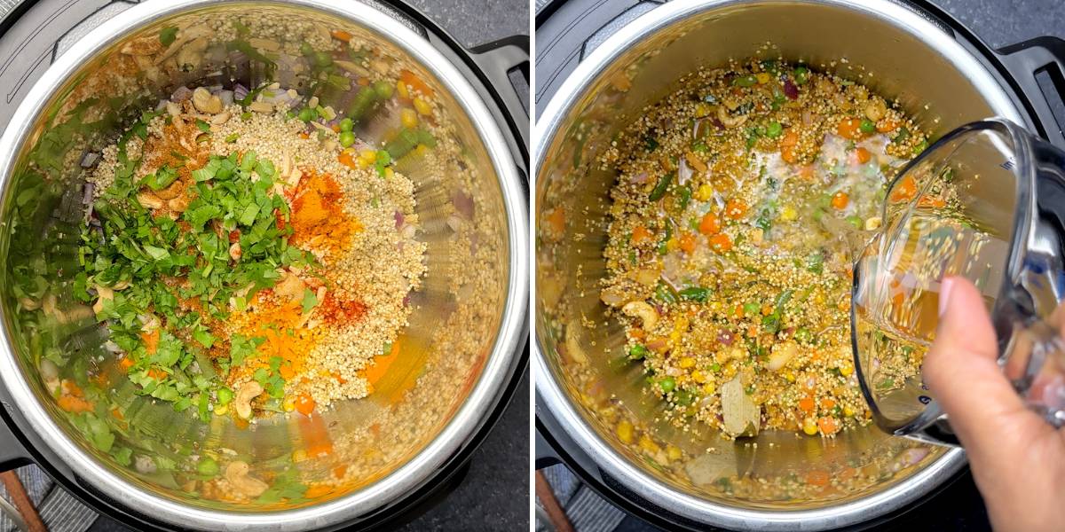 quinoa, herbs and spices in instant pot on left, adding water to the pot on right