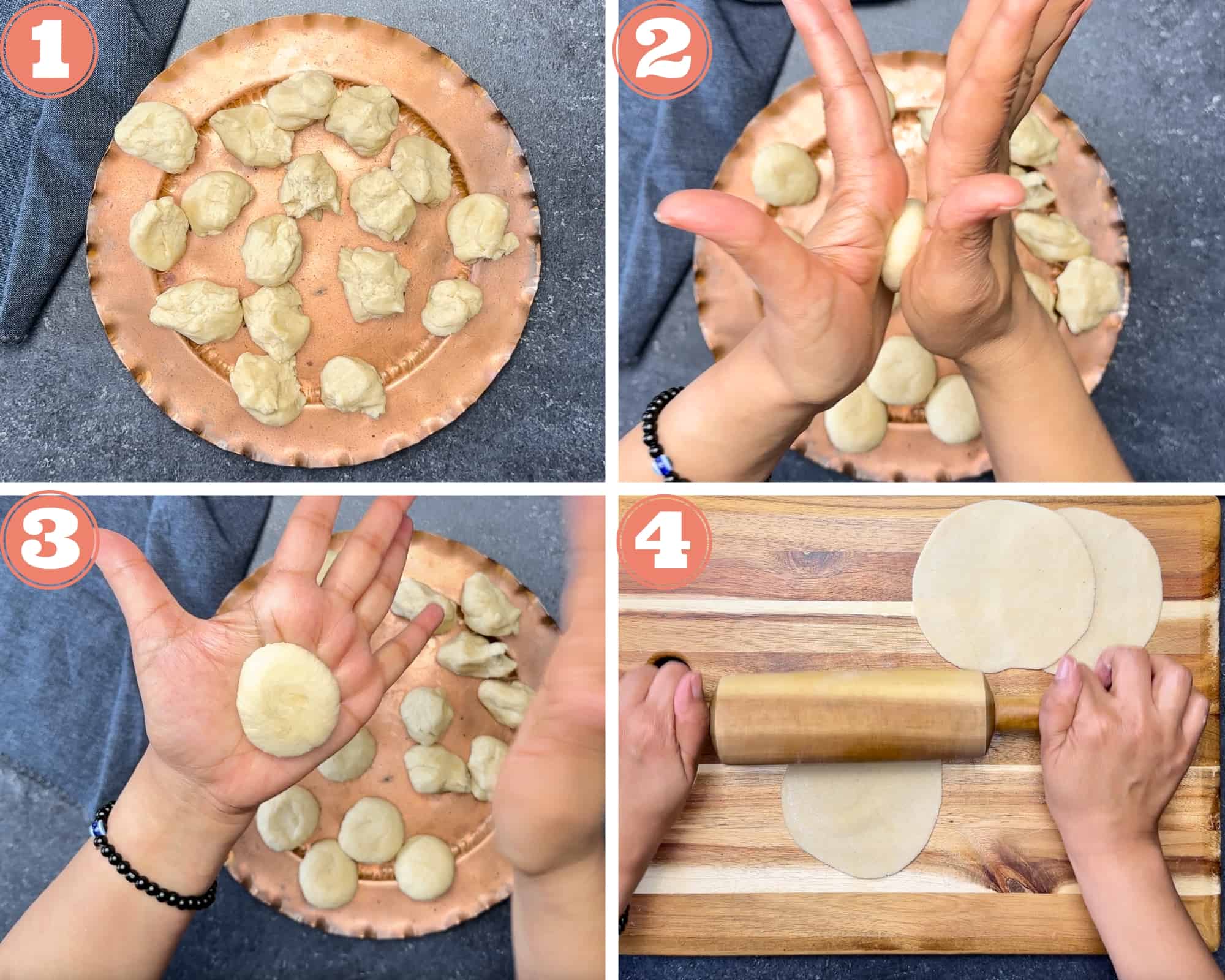 4-step image showing rolling and flattening dough balls using palm and rolling pin