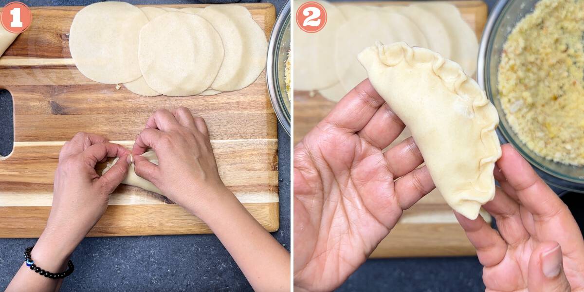 Two image steps showing how to pinch gujiya edges to crimp them