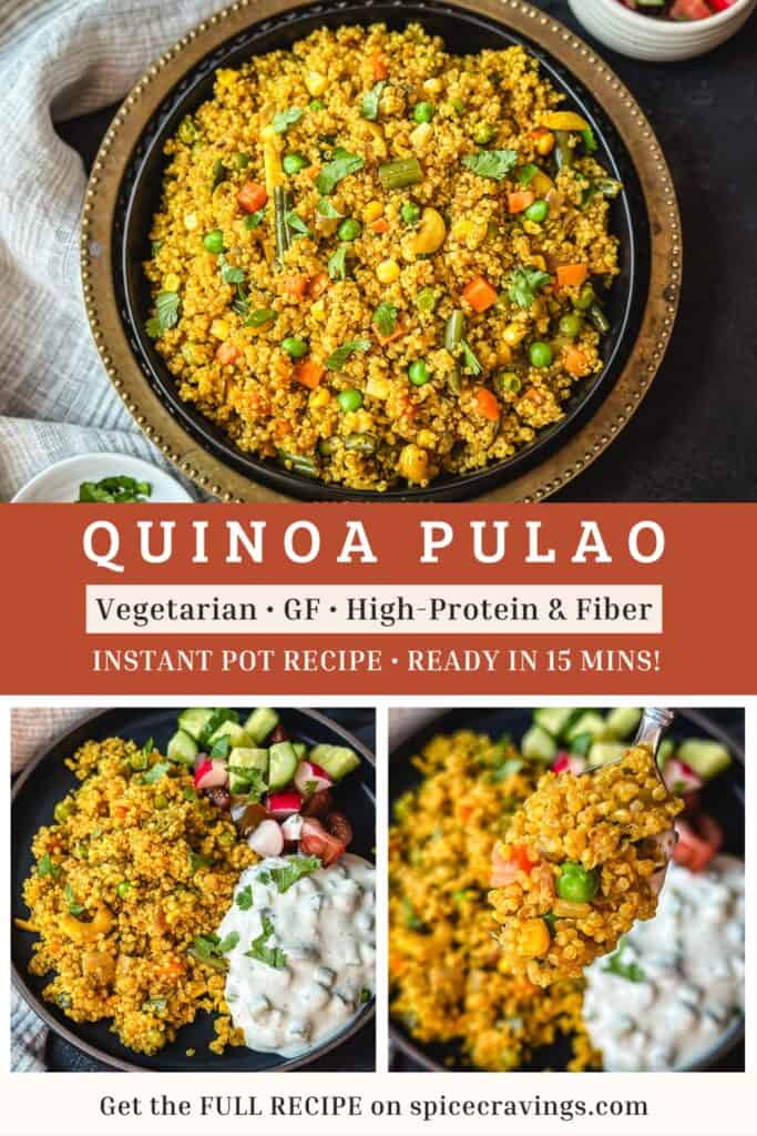 Poster for Quinoa pulao served in a black plate with cucumber raita and salad