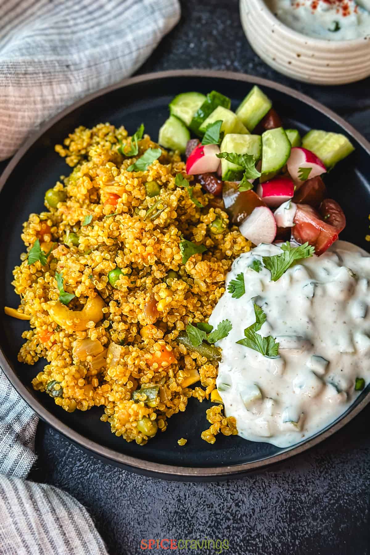 plate with quinoa and vegetable pulao, cucumber raita and mixed salad