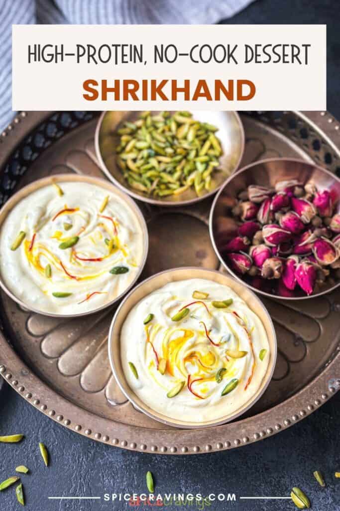 Shrikhand served in copper bowl garnished with saffron and pistachio