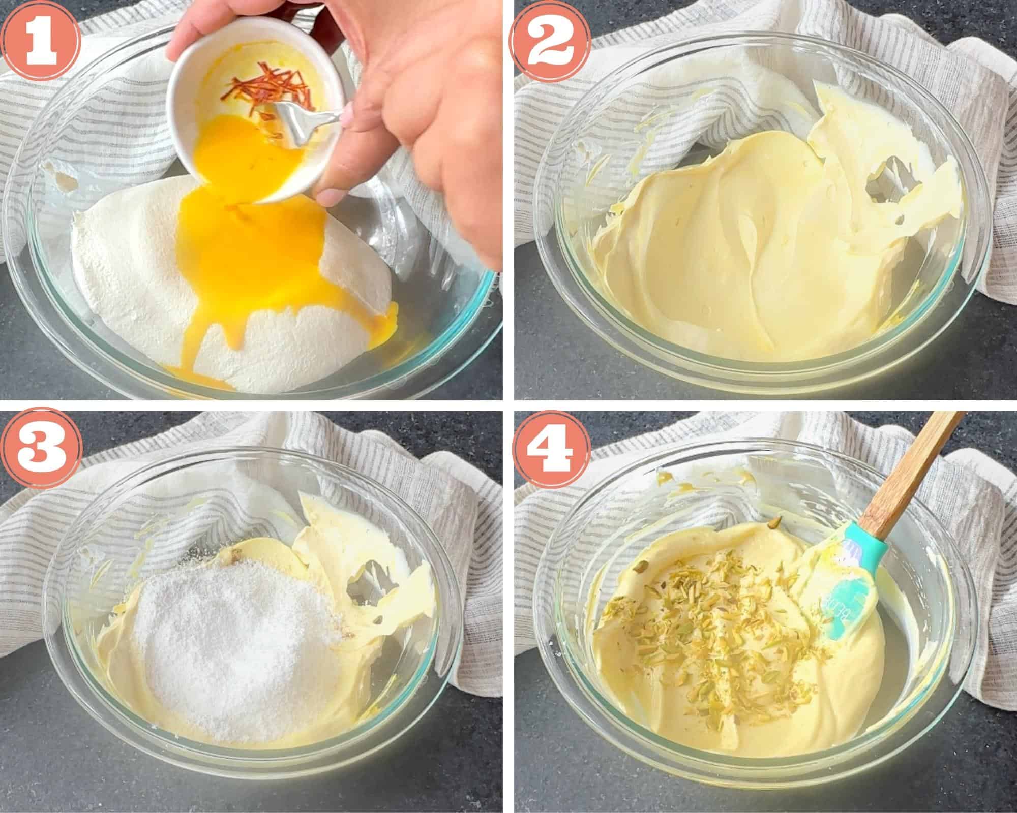4-images showing adding saffron milk, sugar and pistachio to yogurt
