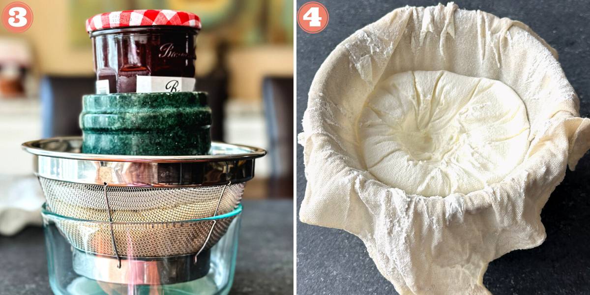 Two steps showing placing jam bottle over strainer; and strained yogurt in cheesecloth