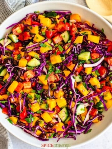 mango, purple cabbage, black beans salad in white bowl