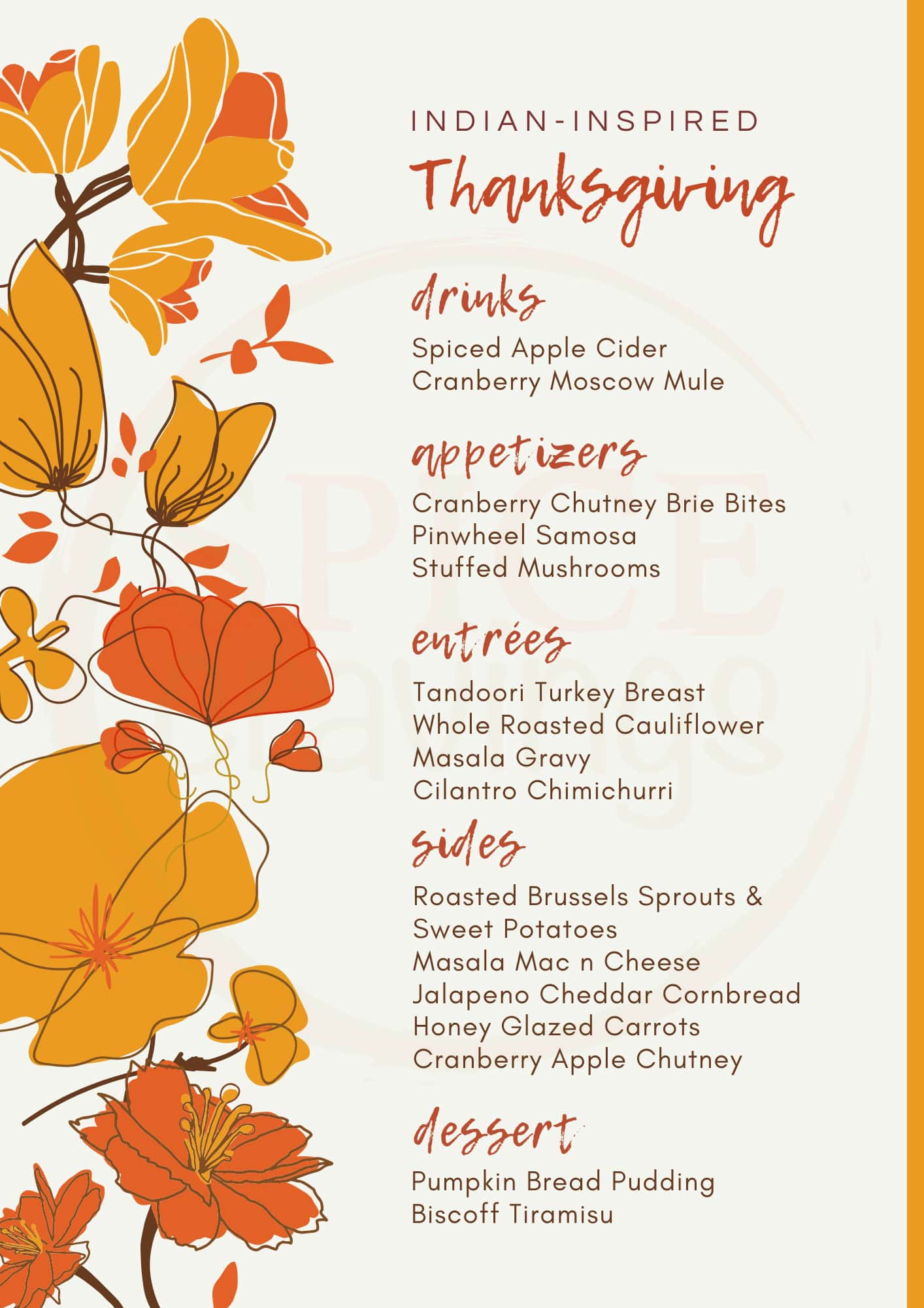 Indian inspired Thanksgiving Menu with drinks, appetizers, entrees, sides and desserts