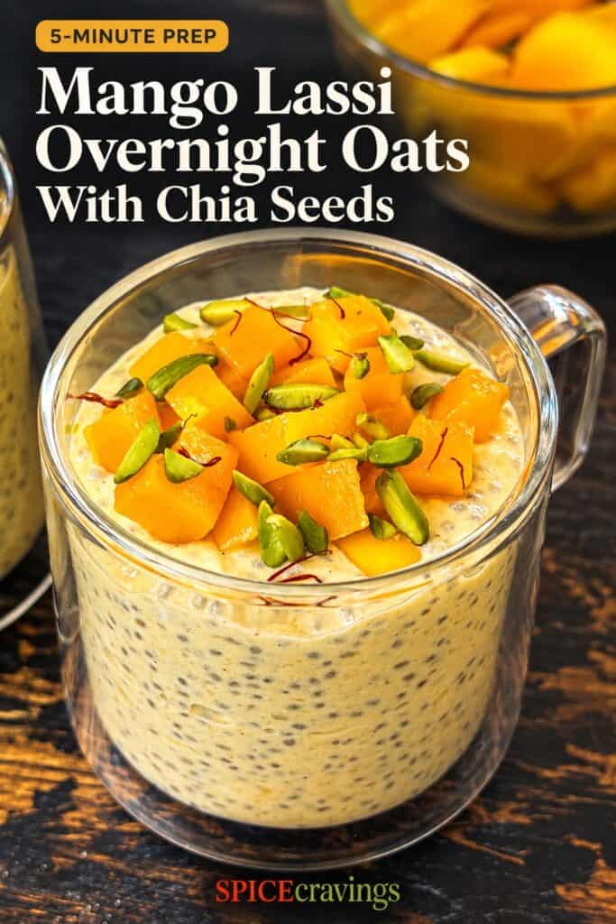 Mango lassi overnight oats with chia seeds in a glass jar.