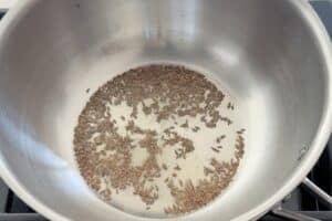 Cumin seeds being toasted in a stainless steel pan for cooking.
