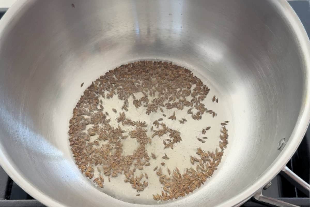 Cumin seeds being toasted in a stainless steel pan for cooking.