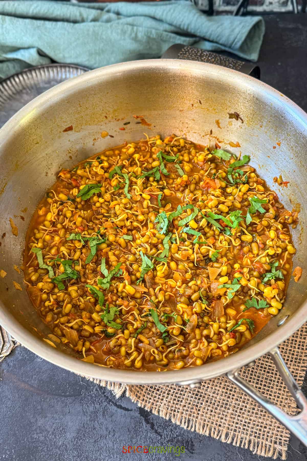 Close-up of sprouts curry garnished with cilantro in a pan.